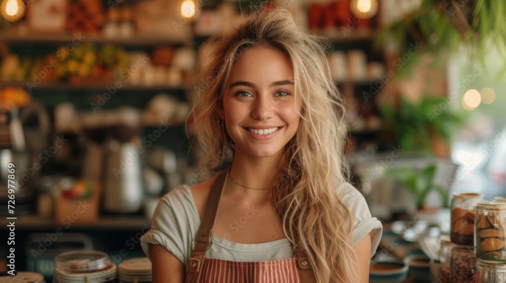 A smiling woman in an apron stands in a cozy coffee shop filled with various items., generative ai