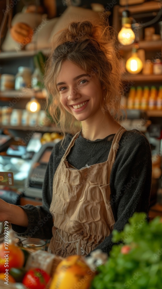 Obraz premium A smiling woman wearing an apron stands at a cozy, well-lit store with fresh produce around., generative ai