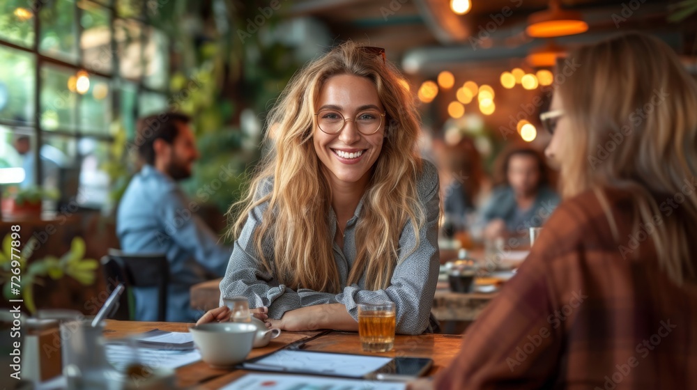 A smiling woman wearing glasses sits at a table across from another person in a cafe., generative ai