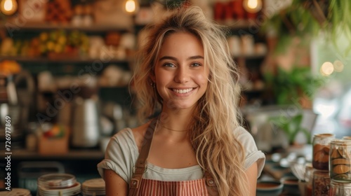 A smiling woman in an apron stands in a cozy coffee shop filled with various items.  generative ai