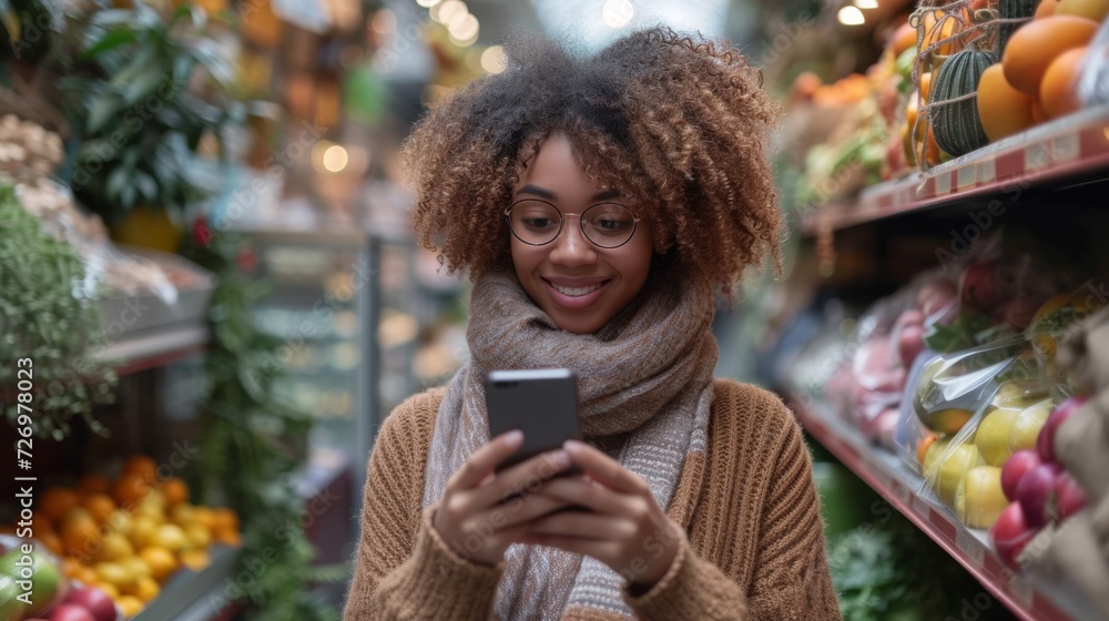 A smiling woman with glasses and a scarf is using her smartphone in a colorful grocery store., generative ai