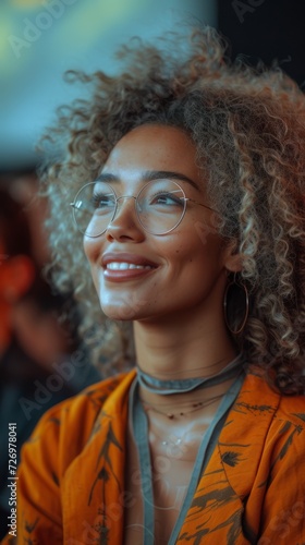 A smiling woman with curly hair, wearing glasses, large hoop earrings, and a patterned orange top., generative ai