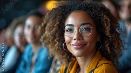 A smiling woman with glasses in focus  others in soft background, possibly at a public event., generative ai © TheGoldTiger