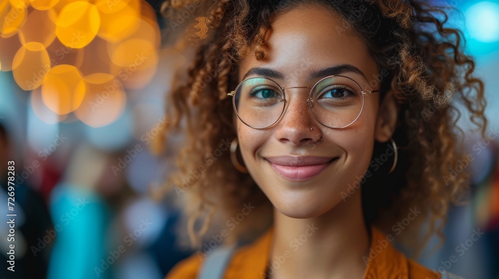 A woman with curly hair and glasses smiles warmly, bokeh lights softening the blurry background ambiance., generative ai