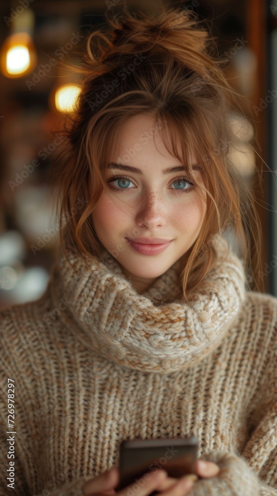 A woman with blue eyes, freckles, and messy bun, wearing a chunky scarf, holding a smartphone., generative ai A woman with blue eyes, freckles, and messy bun, wearing a chunky scarf, holding a smartphone., generative ai