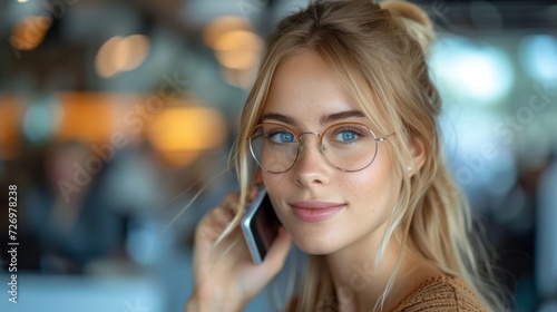 A woman with blonde hair and glasses is smiling while talking on a smartphone indoors., generative ai