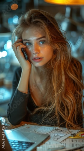 A woman with blonde hair is holding a phone, surrounded by warm, ambient lighting indoors., generative ai