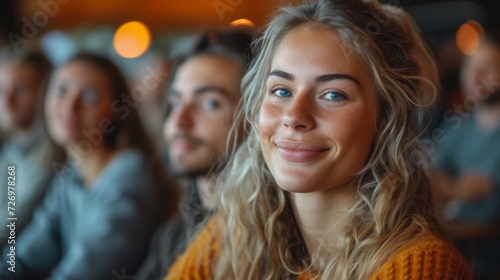 A woman with blue eyes and blond hair smiling, surrounded by people in a softly lit room., generative ai