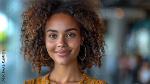 A woman with curly hair, hoop earrings, and a yellow top smiles gently in a blurred background., generative ai