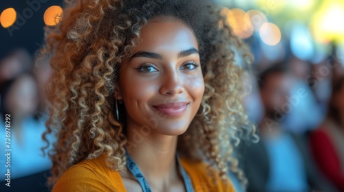 A woman with curly hair and a yellow top smiles warmly in a softly-lit crowded room., generative ai