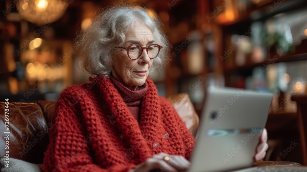 An elderly woman wearing glasses and a red scarf is reading intently on a tablet., generative ai An elderly woman wearing glasses and a red scarf is reading intently on a tablet., generative ai