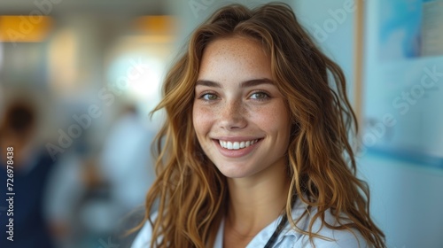 A young woman with curly hair and freckles is smiling in a well-lit indoor space., generative ai