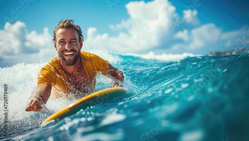 Surfer in the ocean. Happy young man surfing on a wave. © Meow Creations