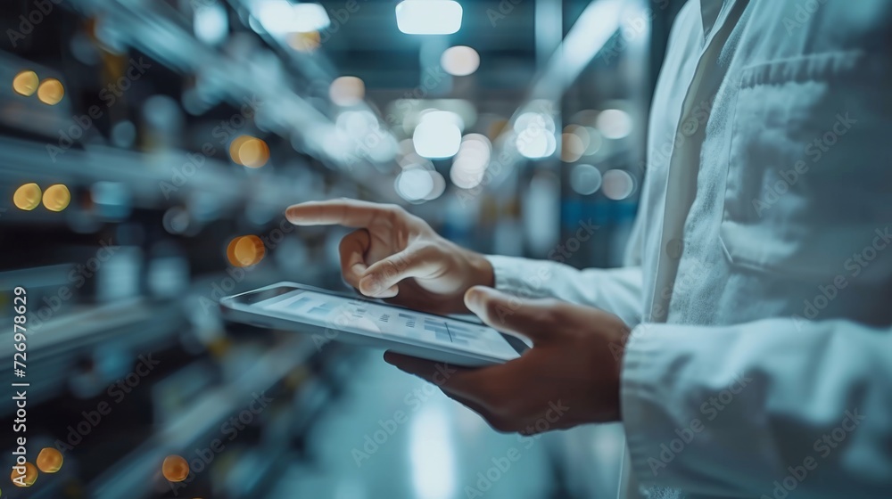 Close-up of person's hands using a tablet to check inventory in a modern industrial warehouse., generative ai