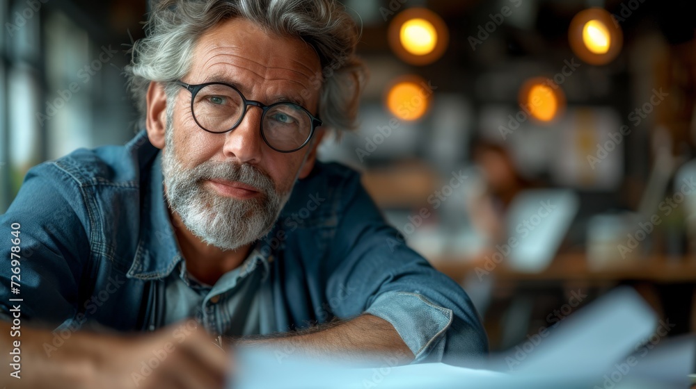 An older man with glasses and a denim shirt looks pensively at the camera indoors., generative ai An older man with glasses and a denim shirt looks pensively at the camera indoors., generative ai