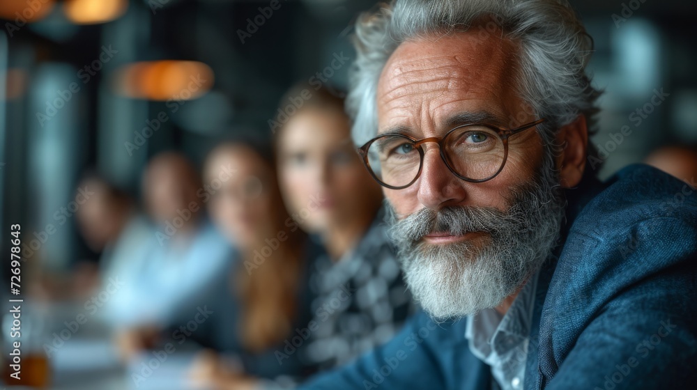 An older man with glasses and a beard is in focus, with people blurred behind him., generative ai An older man with glasses and a beard is in focus, with people blurred behind him., generative ai