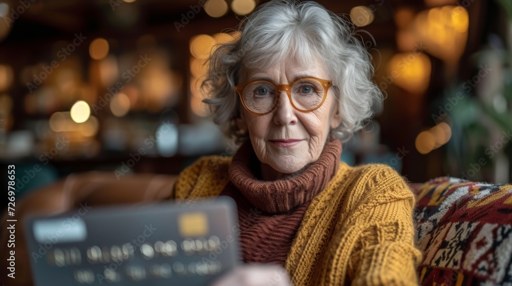 Elderly woman with glasses, holding a credit card, looking at camera, indoors, cozy ambient lighting., generative ai Elderly woman with glasses, holding a credit card, looking at camera, indoors, cozy ambient lighting., generative ai