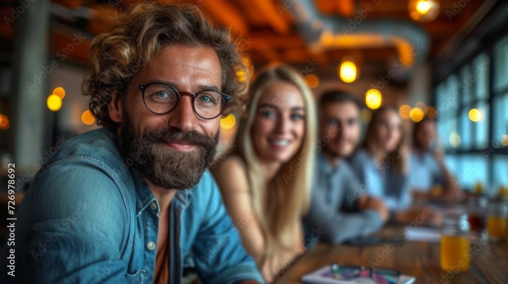 Group of smiling people sitting at a bar with drinks, enjoying each other's company indoors., generative ai