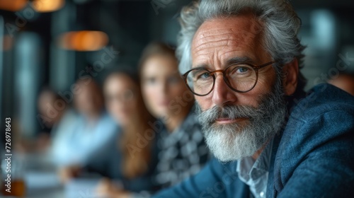 An older man with glasses and a beard is in focus, with people blurred behind him., generative ai