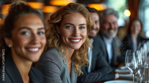 Group of smiling professionals seated at a table with wine glasses, suggesting a business or social gathering., generative ai