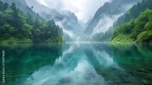 Misty mountain scenery with lush greenery, calm turquoise water, fog, and a waterfall in the distance., generative ai