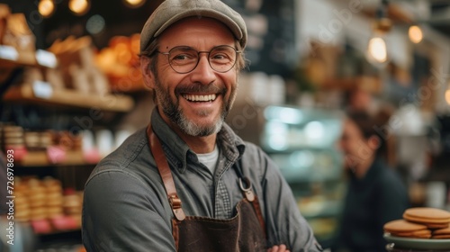 Smiling man in apron and cap  standing in bakery with pastries in the background.  generative ai