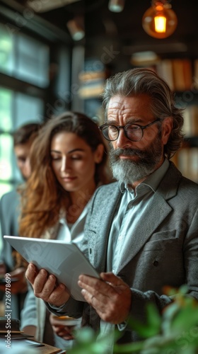 Senior man with glasses and beard reading paper, younger woman in background, in a well-lit room., generative ai