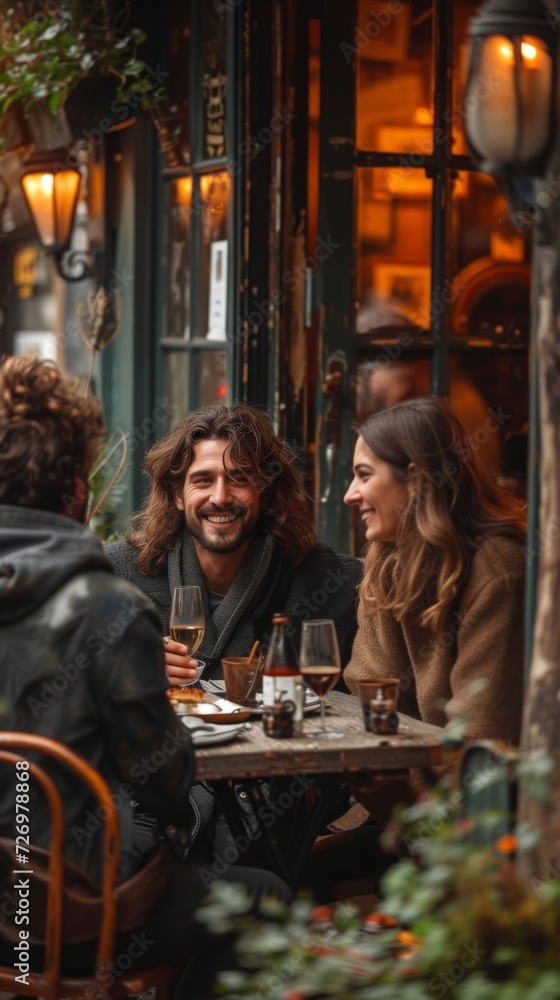 Three friends enjoy a warm conversation over drinks at a cozy outdoor café with charming decor., generative ai