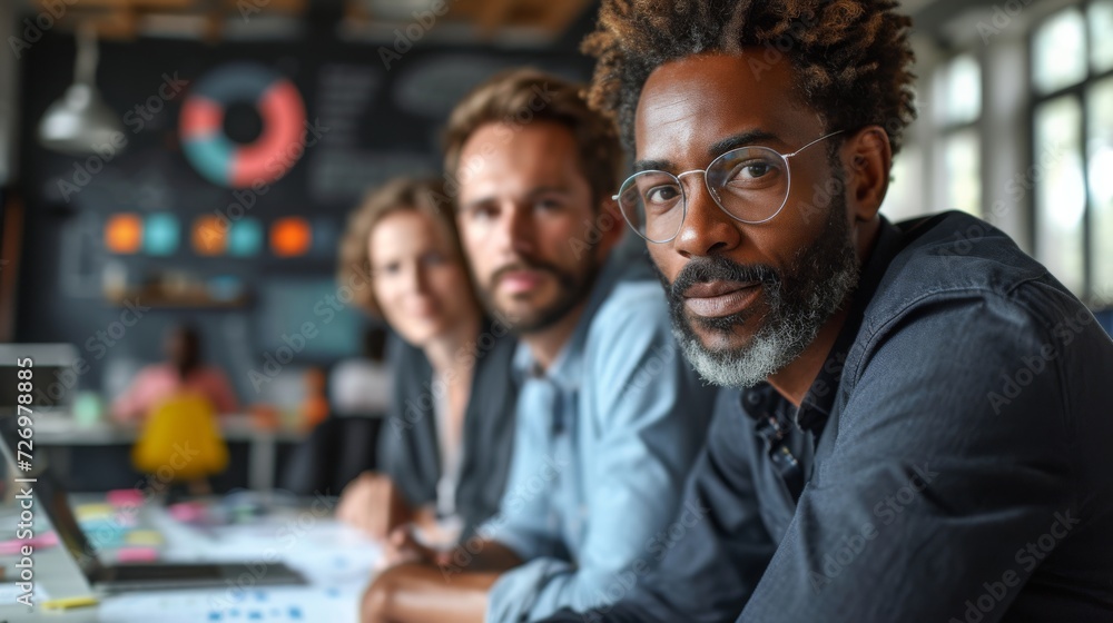 Three professional colleagues in a modern office setting appear engaged and focused on a project together., generative ai Three professional colleagues in a modern office setting appear engaged and focused on a project together., generative ai