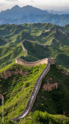 The image shows the Great Wall of China snaking over lush, green, mountainous terrain under sunlight., generative ai