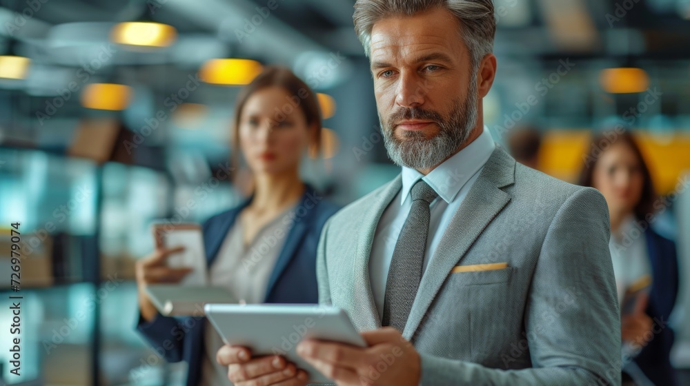 Two professional individuals, a man holding a tablet and a woman with paperwork, in a modern office., generative ai Two professional individuals, a man holding a tablet and a woman with paperwork, in a modern office., generative ai