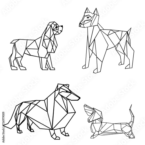 Set of dog isolated on white background. Dog  triangular icon set, geometric trendy line design.  illustration for tattoo or coloring book. Pet collection. Polygonal  images of dogs. Zentangle  