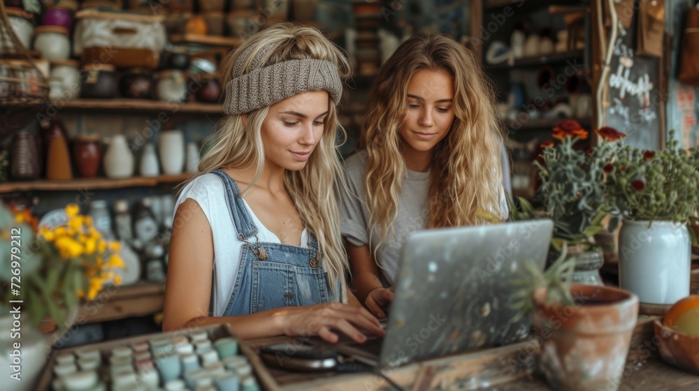 Two women are looking at a laptop screen together in a cozy, rustic indoor setting., generative ai Two women are looking at a laptop screen together in a cozy, rustic indoor setting., generative ai