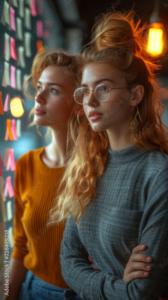 Two women stand side by side, looking thoughtfully in the same direction, in a warmly-lit room., generative ai Two women stand side by side, looking thoughtfully in the same direction, in a warmly-lit room., generative ai
