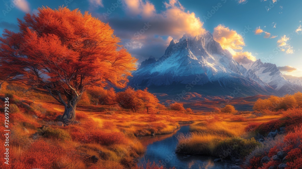 Vibrant autumn leaves blanket the landscape, a serene stream winds, and majestic snow-capped mountains dominate the background., generative ai