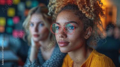 Two women with distinctive glasses and curly hair sitting pensively in a colorful, blurry background., generative ai