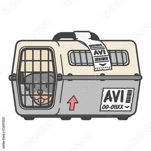 ペット同伴で飛行機の旅行。トラベル用のケージ内の犬のイラスト