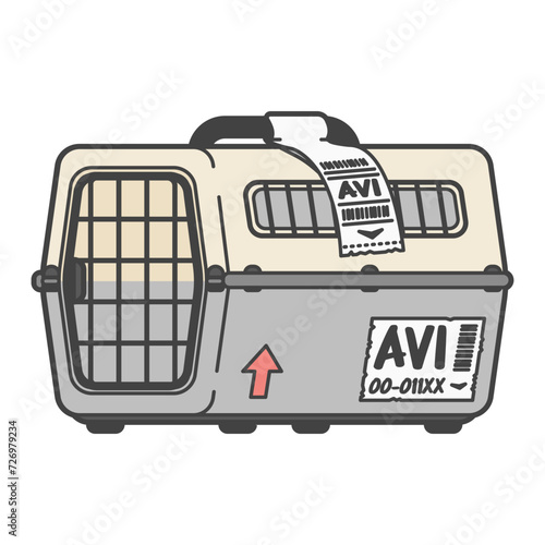 ペット同伴で飛行機の旅行。トラベル用のケージのイラスト。扉が閉まっている