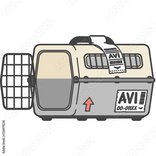 ペット同伴で飛行機の旅行。トラベル用のケージのイラスト。