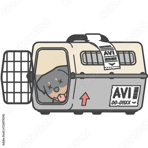 ペット同伴で飛行機の旅行。トラベル用のケージ内で弱ってしまった犬のイラスト