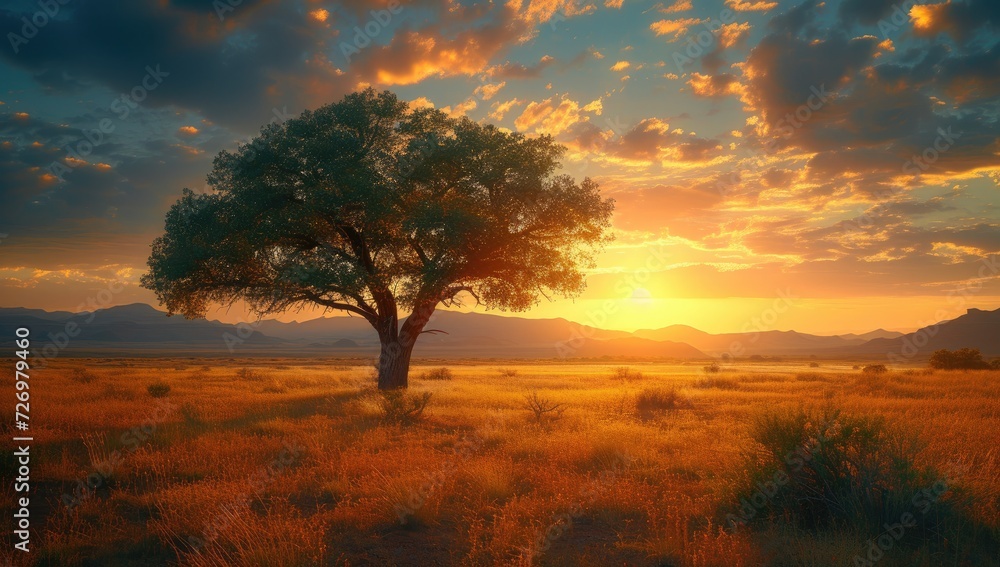 Solitary Tree in Expansive Field at Sunset