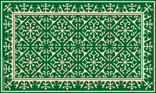 Vector green with gold Square Kazakh national ornament. Ethnic pattern of the peoples of the Great Steppe, Mongols, Kyrgyz, Kalmyks, Buryats..