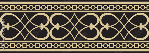 Vector gold and black seamless classic renaissance ornament. Endless european border, revival style frame..