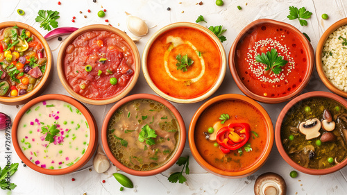 Different varieties of restaurant soups, top view, on a white background