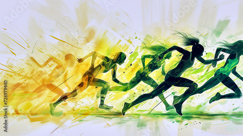 Abstract depiction of a sprint competition like the 100m dash with athletic female runners photo