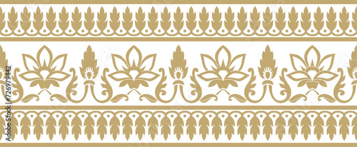 Vector seamless gold indian national ornament. Ethnic endless plant border. Flowers frame. Poppies and leaves..
