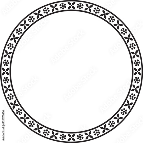 Vector round monochrome black Indian national ornament. Ethnic plant circle, border. Frame, flower ring. Poppies and leaves..