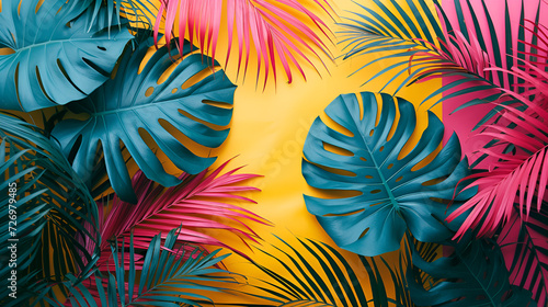 A bright and colorful tropical background featuring vibrant handpainted palm leaves Generated Ai.