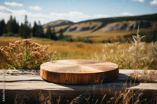 Flat wooden podium against the backdrop of a summer field and hills. Empty round stand. Mockup for product.