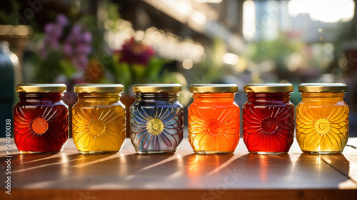 Row of local organic honey jars in various shades displayed at a sunny farmers market
